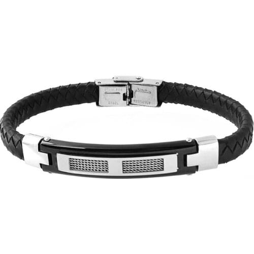 Runda Fashion MenS Braided Leather Bracelet Black Stainless Steel Jewelry Simple Mesh Gift For Boyfriend
