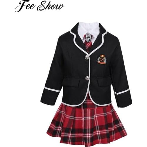 Children Schoolgirl Student Uniform Japanese Rave Cosplay Costumes Suit Kids Girls Long Sleeve Coat & Shirt Tie Dance Mini Skirt