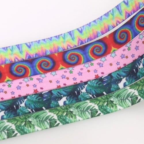 DHK 5/8'' 50yards Tie Star Jungle Leaf Printed Fold Elastic FOE Stretch Ribbon Hairbow Headwear Headband DIY OEM 15mm S1615
