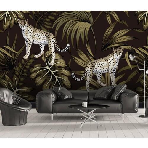 Custom wallpaper mural hand painted tropical plant leaves cheetah animal background wall painting home decoration 3d wallpaper