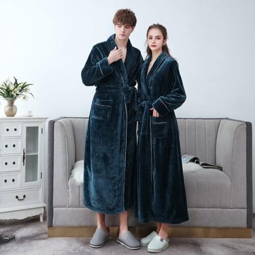 Flannel Couple Robes Kimono Hombre Warm Thick Winter Long Sleepwear Men Bathrobe V-neck Home Clothing Casual Oversized
