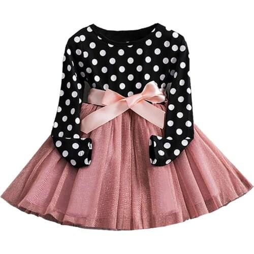 Girls cotton princess dress 2020 spring autumn new long-sleeved yarn childrens dress wave dot bow kids dress girl clothing 2-7Y