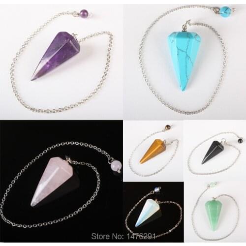 Stone Lapis lazuli Opal Rose Pink Quartz Howlite Stone Cone Chain Dowsing Healing Chakra Pendulum With Chain 1PCS