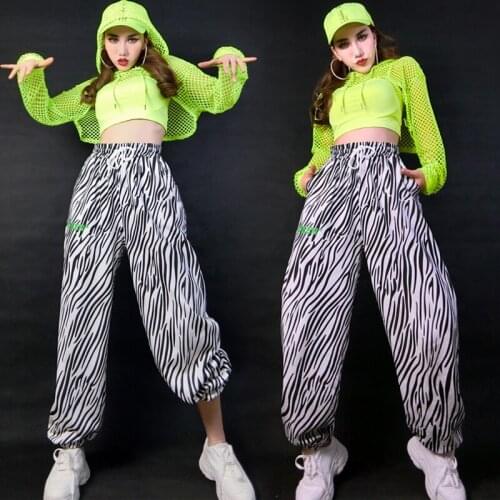 Womens Jazz Costume Hip Hop Clothing Hooded Net Green Tops Loose Pants Street Dance Wear Nightclub Gogo Dj Costume DNV15044