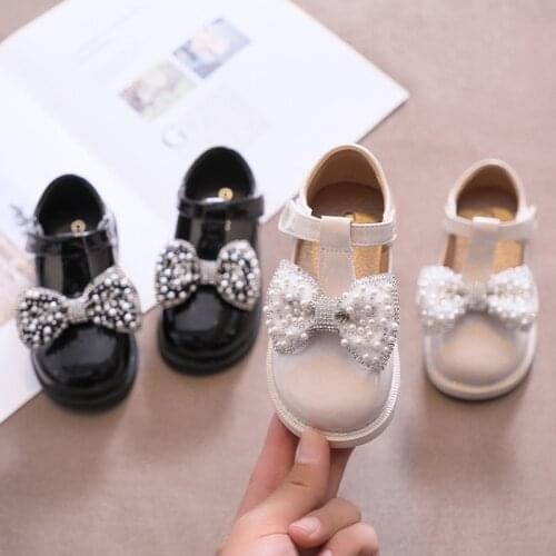 Girls' Leather Shoes 2021 Autumn New Pearl Rhinestone Girl Bow Performance Children British Style Princess Shoes Sweet Cute