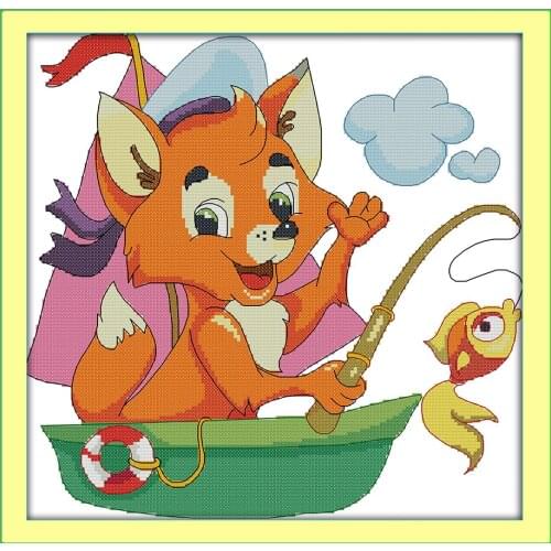 The fishing fox cross stitch kit 14ct 11ct cartoon patterns count print canvas stitching embroidery DIY handmade needlework