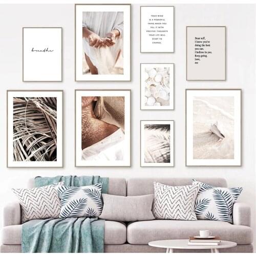 Sand Hand Girl Wall Art Painting Beach Shell Canvas Print Plant Leaf Landscape Poster Quotes Wall Pictures For Living Room Decor