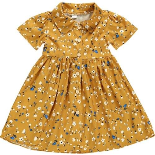 2019 New Style Girls Dress Cotton Short Sleeve Turn Down Collar Single-breasted Floral Dress Toddler Clothes Bow Princess Dress