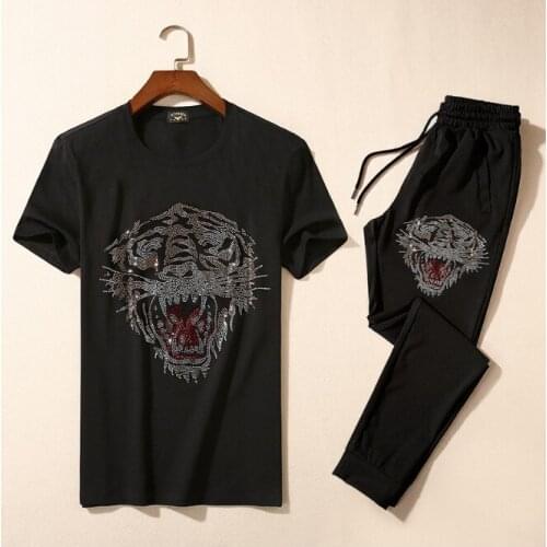 Novelty Brand Hot New diamond Tiger goat Men Running Sportswear Tracksuits Mens Sets (tee shirt + pants) Top TEES #L113