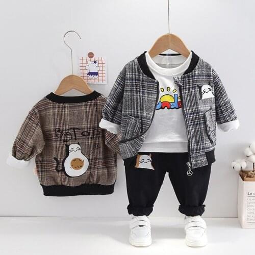 2021 autumn new baby cartoon kitten cute set childrens solid color lattice zipper three piece set boys' woolen coat leisure set