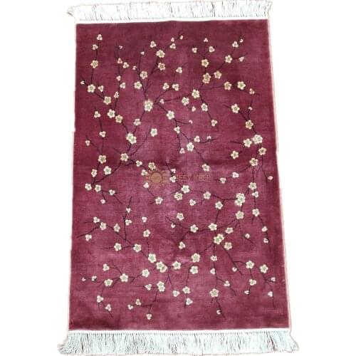 Seeykeep™ 2x3ft Silk Handknotted China Traditional Elegant White Wintersweet Pattern Rug With Carmine Backcolor -FC3016110