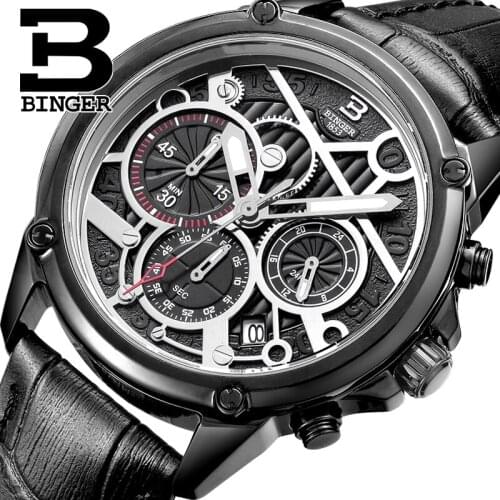 Switzerland mens watch luxury brand clock BINGER Quartz men watches Genuine Leather Chronograph Diver glowwatch B-6008-6