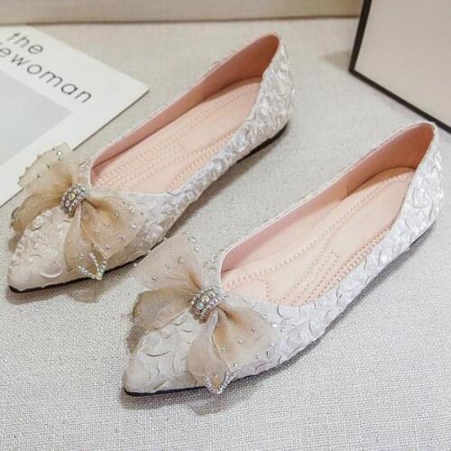 Casual Flat Women Shoes Slip On Loafers Comfortable Woman Shallow Single Shoes Rhinestone Bow Lady Footwear Plus size 42 43