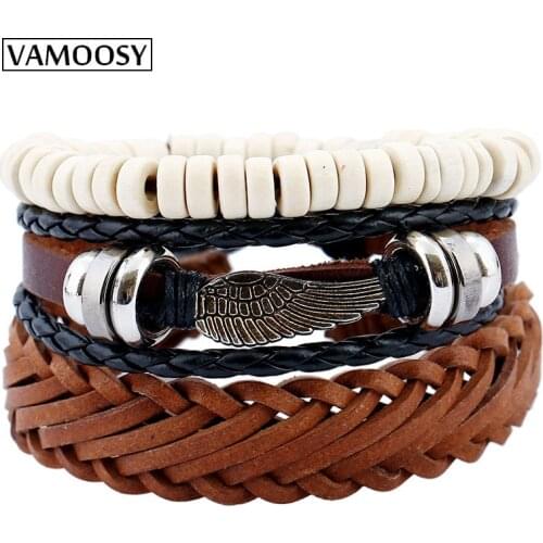 VAMOOSY 3pcs/set Handmade Bracelets white Beads Bracelet Mens Punk Bracelets Vintage Wing PU Leather Charm for Women Jewelry