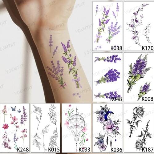 9pcs/Lot Waterproof Temporary Tattoo Sticker Purple Lavender Butterfly Rose Flash Tatoo Woman Wrist Arm Body Art Fake Tatto Man