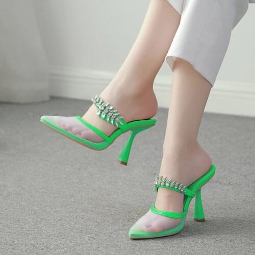 2021 New Summer Womens Shoes High Heel Slippers Transparent Pointed Toe Elegant Crystal Rhinestone Outdoor Party Shoes Mules