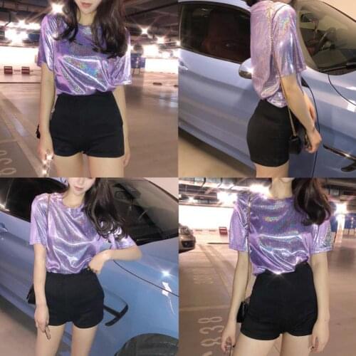 Women Casual Solid Color O Neck Short Sleeve Shiny Loose Bottoming Top T-shirt easy to catch attentions