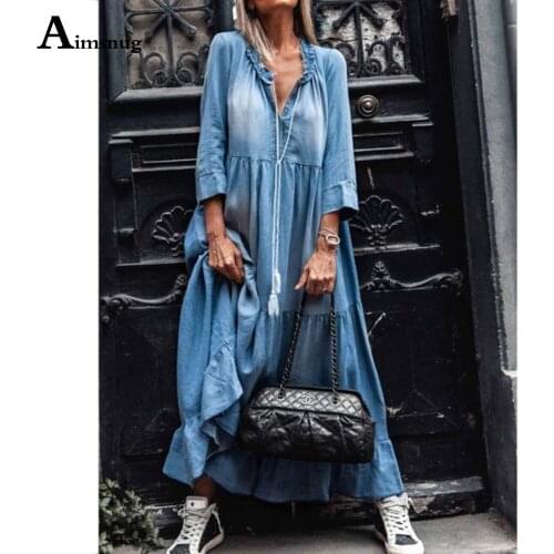 Plus Size 3xl Women Demin Long Maxi Dress 2021 Ladies Elegant Leisure Casual Beach Dresses Three Quarter Sleeve Dress Streetwear