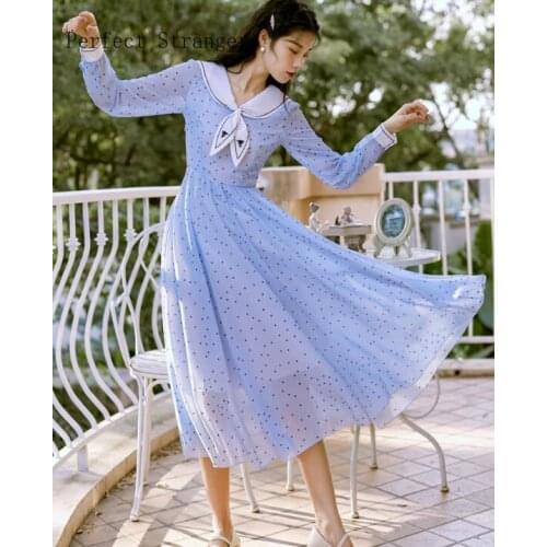 2021 Spring New Arrival High Quality Retro Bow Collar Dots Long Sleeve Women Chiffon Long Dress
