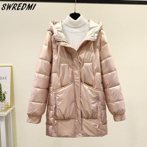Snow Wear Glossy Parkas Women Hooded Winter Waterproof Warm Jackets Girls Cotton Padded Long Coat Solid Stylish Clothing SWREDMI