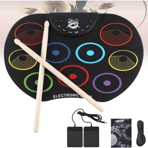 9 Pads Colorful Electric Drum Portable Digital USB Roll up Silicone Drum with Drumsticks and Sustain Pedal Accessories