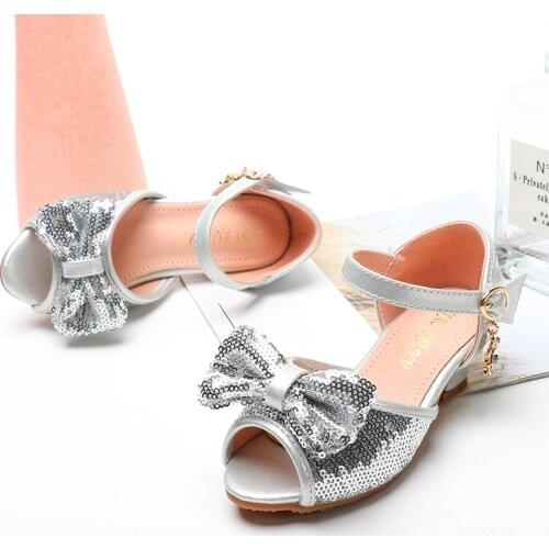 Summer Girls Sandals with Heel Fashion Crystal Shiny Glitter Shoes Children Girls Princess Bowtie Dancing Shoes kids sandals