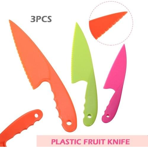 Childrens Safe Cooking Chef Nylon Knives 3pcs Kid Plastic Kitchen Knife Set For Fruit Bread Cake Salad Lettuce Knife