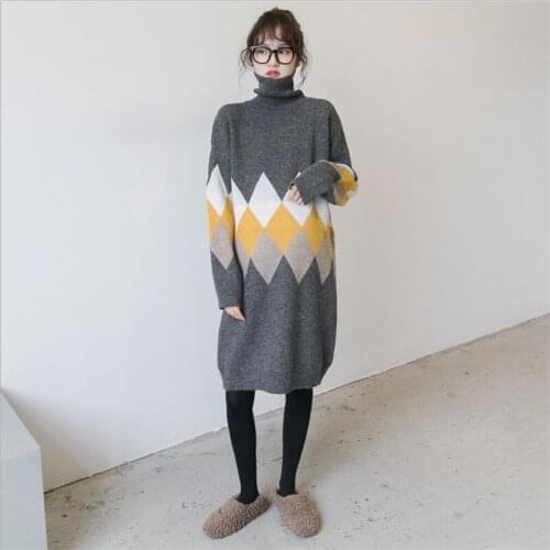 Maternity Loose Large Size Mid-Long Turtleneck Sweater pregnant women Fashion Splice Pullover Knitted long-sleeved Dress Female