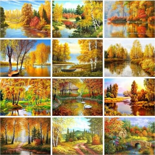 HUACAN 5D DIY Diamond Embroidery Tree Landscape Art Rhinestone Handicraft Diamond Painting Lake Needlework Autumn Decoration