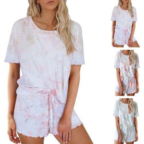 2020 Summer New Style Tie-dye Short Sleeve Tracksuit Short Sleeve T-shirt Shorts Two-Piece Pajamas Tracksuit Womens 2009