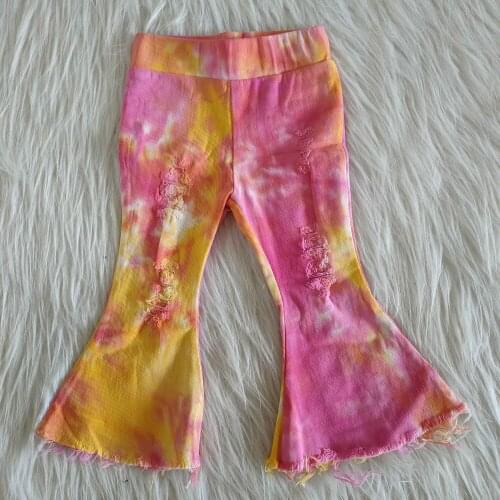 Hot sale childrens clothing baby girls tie-dye ripped jeans girls bell bottom pants girls fashion boutique clothes