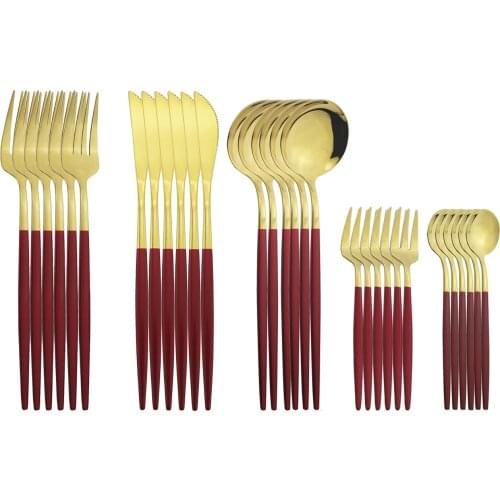 30pcs/5set Red Gold Stainless Steel Cutlery Set Knife Fruit Cake Fork Tea Coffee Spoon Dinnerwarep Party Kitchen Flatware Set