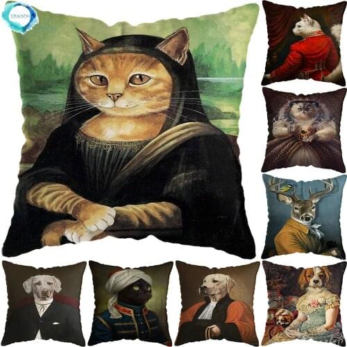 Nordic Cat Dogs Animal Vintage Painting Pillow Cover Car Decor Cushion Cover Home Hotel Pictures Sofa Bed Cushion Cover 45x45cm