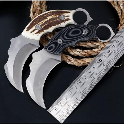 Karambit Knife with Leather Sheath Outdoor Hunting Survival Tools Knife + Pocket Folding Knife Outdoor Survival Hand Tool
