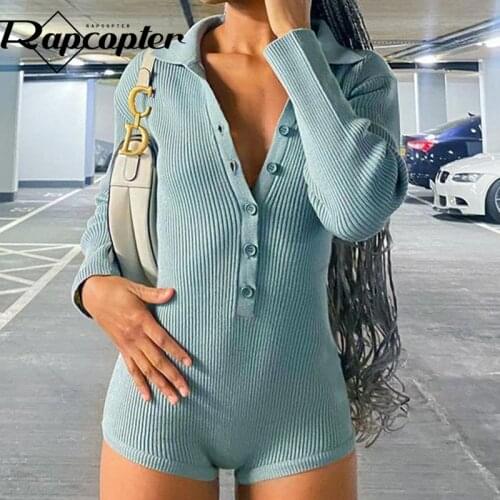 Rapcopter Solid Knitted Playsuits Single-Breasted Long Sleeve Bodysuits Turn Down Collar Bodycon Basic Casual Women Playsuits