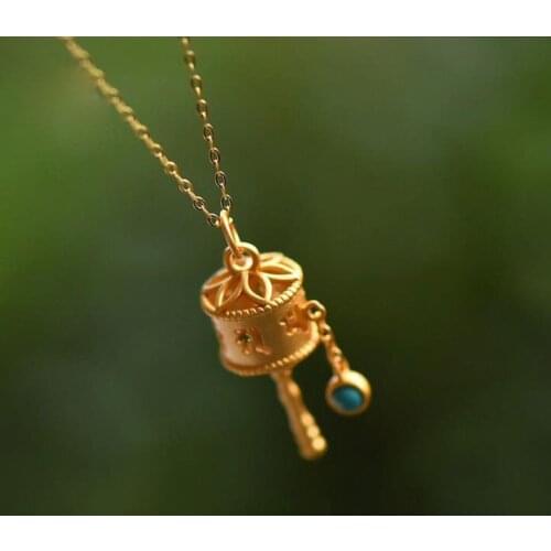 Natural turquoise tumbler pendant necklace Chinese style retro unique ancient gold craft charm womens silver jewelry