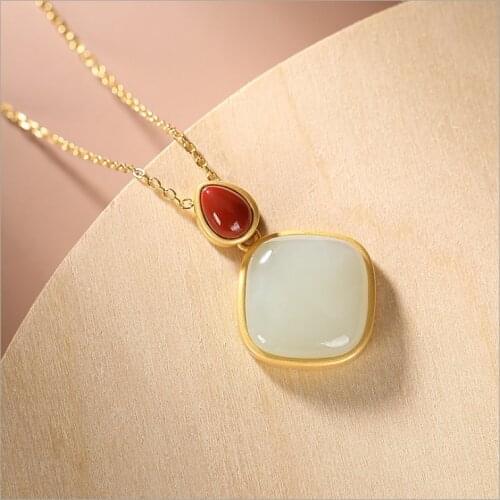 Natural Hetian chalcedony southern red geometric Pendant Necklace Chinese style retro palace style unique craft Festival gift