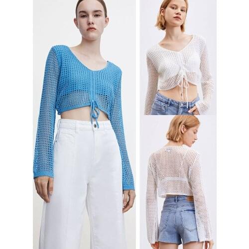 2021 autumn new product womens temperament lazy hollow drawstring thin pullover knitted T-shirt