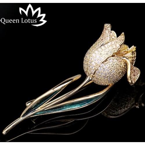 Queen Lotus New Luxury High Quality Plant Flower Brooches for Women AAA Zircon Jewelry Crystal Brooch and Pins For Gift