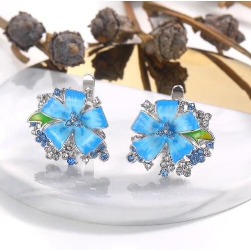 Unique Design Blue Enamel Crystal Earrings for Women Custom Flower Leaf Earrings Wedding Party Banquet Ear Stud Trendy Jewelry
