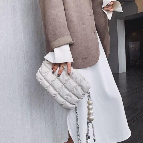 Thread Plaid Fashion Shoulder Bags for Women Cotton Designer Pearl Chain Crossbody Bag Simple Trendy Ladies Clutch Weekend New