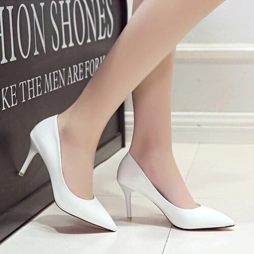 Women Pumps Office Work Shoes High Heels Patent Leather Dress Shoes Pointed Toe Thick Heels White Wedding Shoe White big Size L