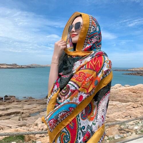 Enthic Style Ladies Shawl Scarf Green Orange Printed Tassel Hijab Scarf Soft Long Head Wraps 180x90cm