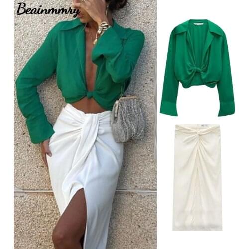 2021 Za Summer Women Green Cropped Knotted Blouse Female Sexy Deep V Neck Ruched Long Sleeve Casual Tops