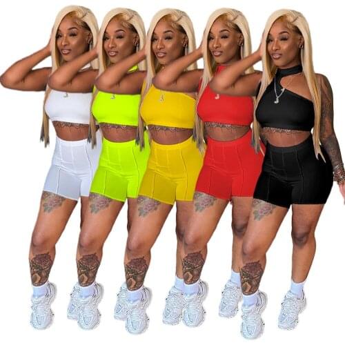Adogirl Woman Solid Color Two Piece Set Fitness Crop Top And High Waist Biker Shorts Matching Set Casual Street Outfits