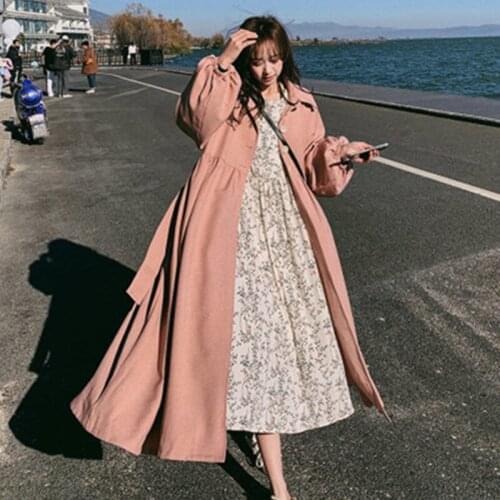 Temperament Pink Trench Coat Women 2021Spring Autumn New Mid-Length Fashion Loose Lantern Sleeve Retro Windbreaker Coats Female