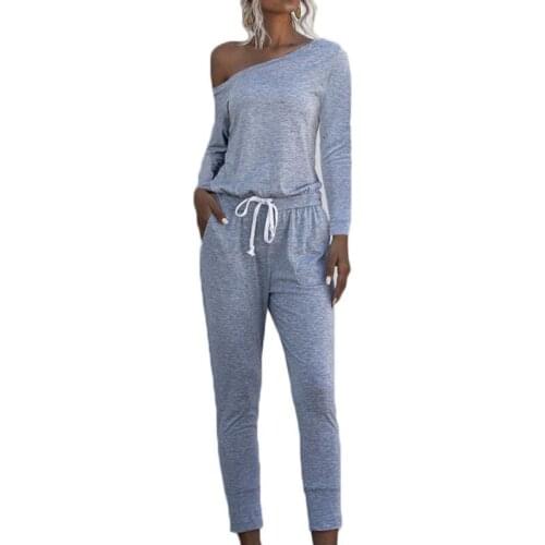 Gray Knitted Casual Bodycon Sport Jumpsuit Women 2020 Spring Summer Long Sleeve Off Shoulder Junpsuits For Women