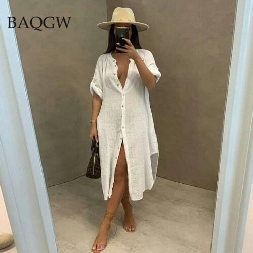 Casual Short Sleeve Plain TShirt Dress Women Summer Single Breasted Sexy Irregular Design Festival Comfortable Loose Beach Dress
