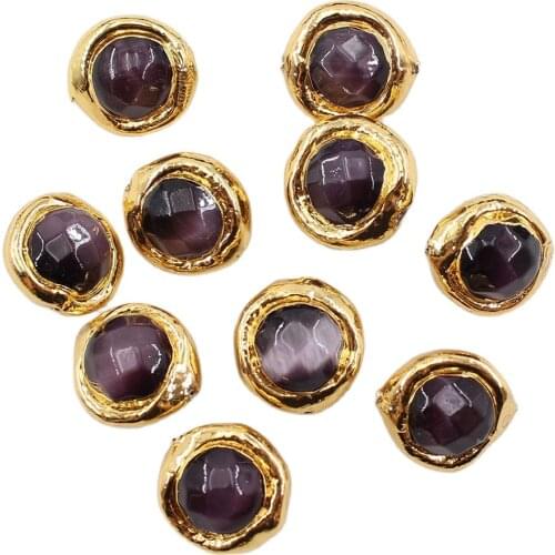 APDGG 10Pcs 15MM Natural Purple Cat eye Loose Beads Gold Plated Connector Beads For Necklace Pendant Jewelry DIY
