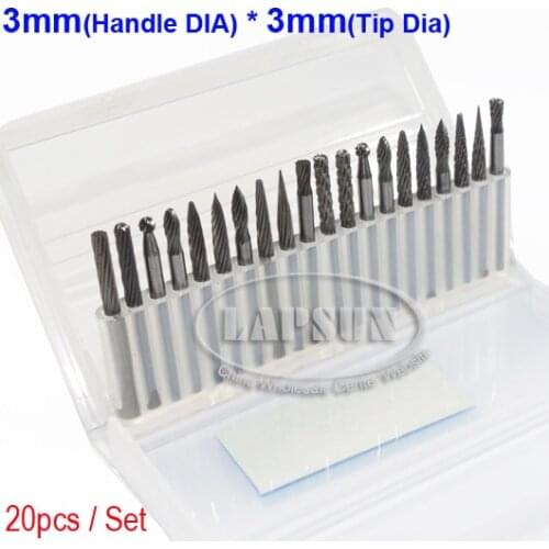 20pcs 1/8" 3mm Tungsten Carbide Burr Rotary Cutter files Points Drill Bit Set CNC Engraving CED Ball Shape Cylinder Needle NO3*3